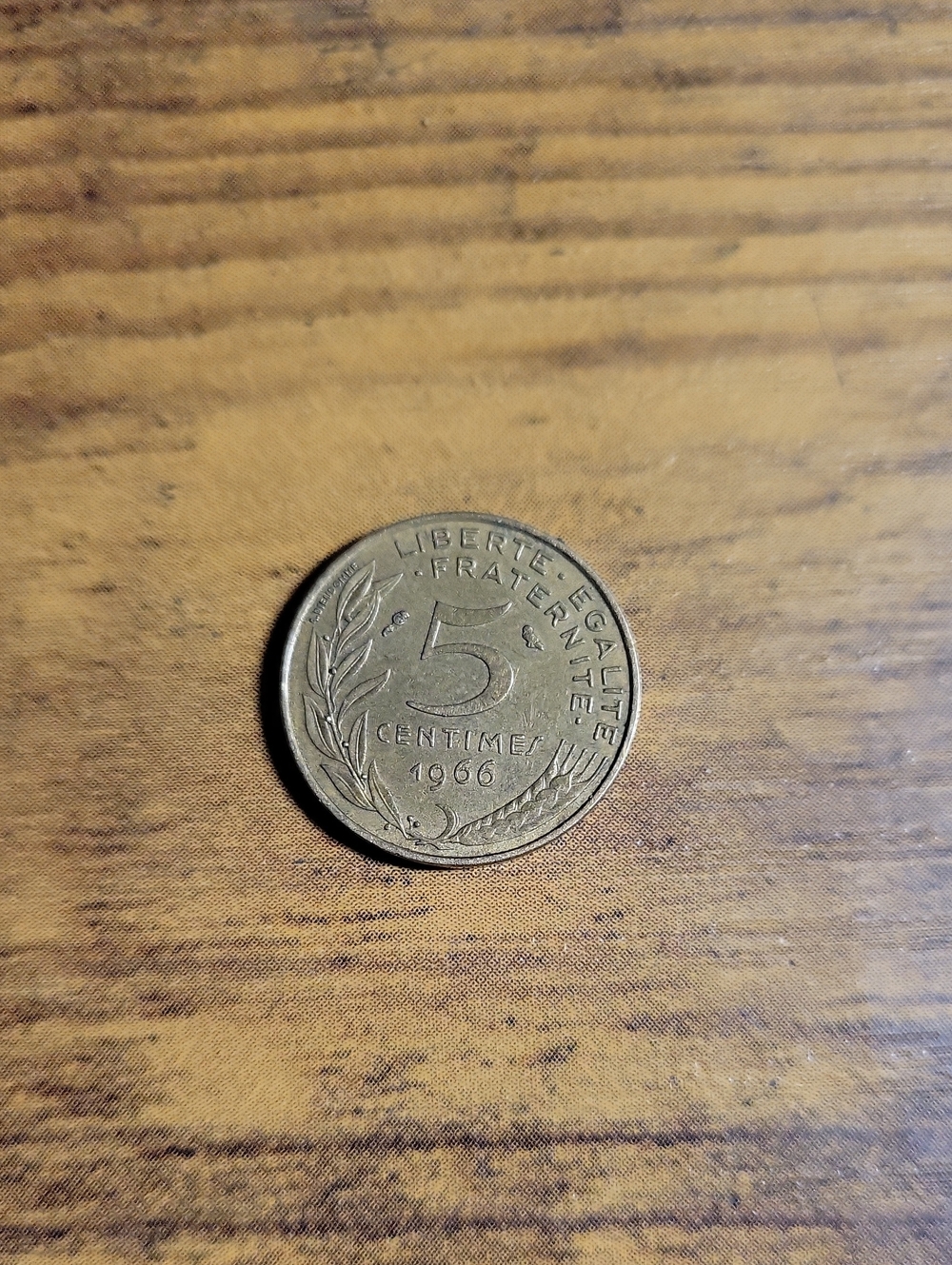 Vintage 1966 French 5 Centimes Coin- Gold Tones